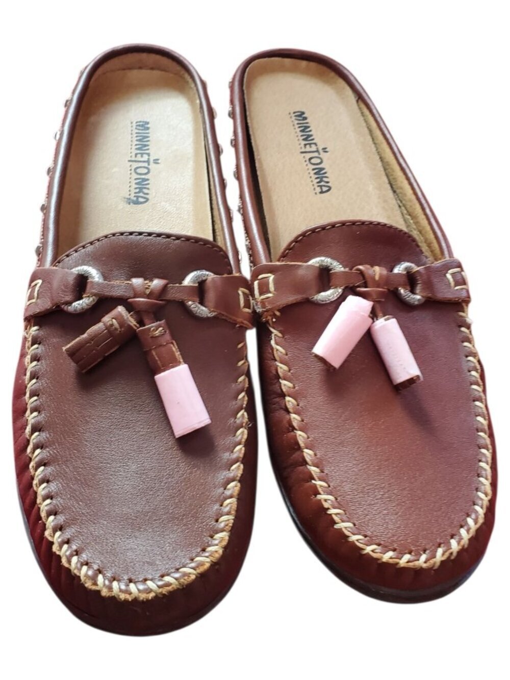 Minnetonka Womens Brown Leather Slip-On Moccasins W/Decorative Tassels Size 9.5